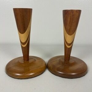 Vintage Mid Century Modern Inlaid Wood Taper Candlestick Holders Set of 2 MCM